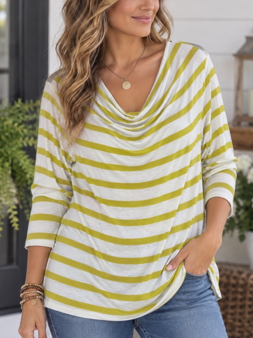 Peter Nygard Sweater Womens Size Large Stripes Yellow White Lightweight Tunic